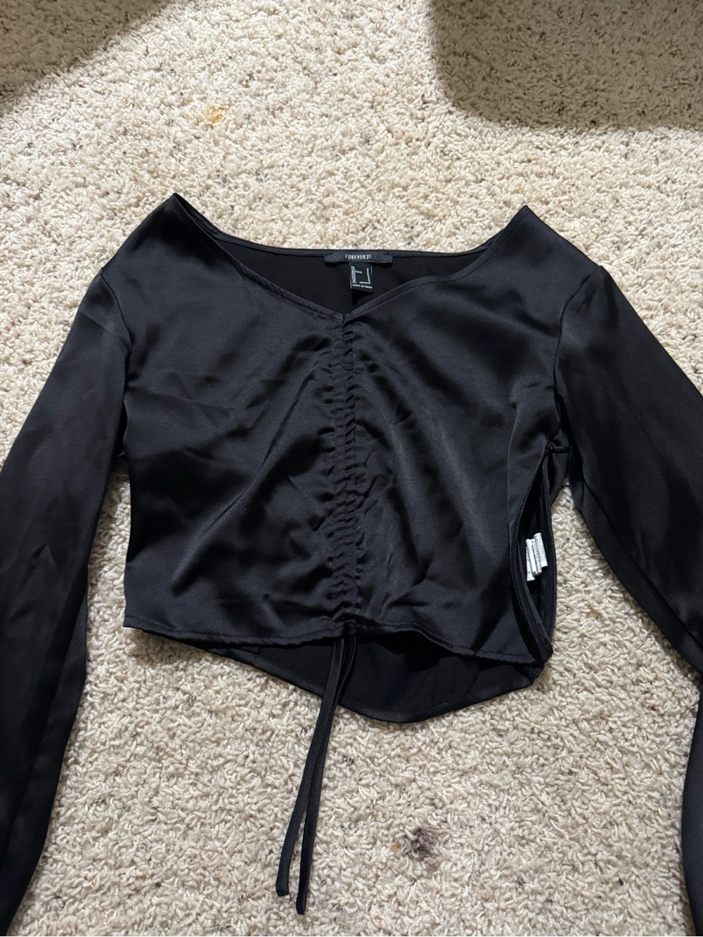Forever 21 Black Ruched Drawstring Long-Sleeve Crop Top
